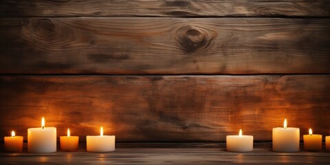 Fototapeta na wymiar Candles cast a warm dance of light on rugged wooden planks.