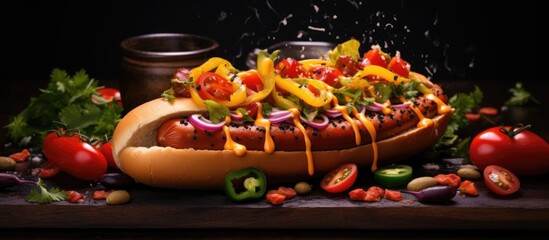 Homemade Chicago Style Hot Dogs with Tomato Onion and Peppers. Website header. Creative Banner....