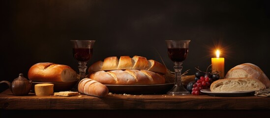 Holy Communion symbolizing the holy blood and flesh of Jesus Christ Last Supper Wine and bread the cross of suffering candles and the Bible. Website header. Creative Banner. Copyspace image