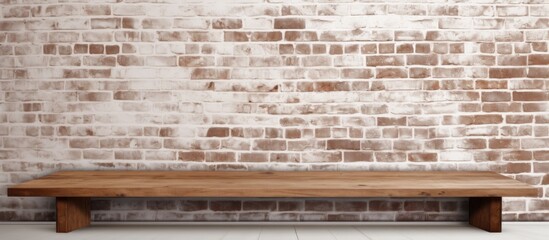 Empty wooden table over white brick wall template. Website header. Creative Banner. Copyspace image