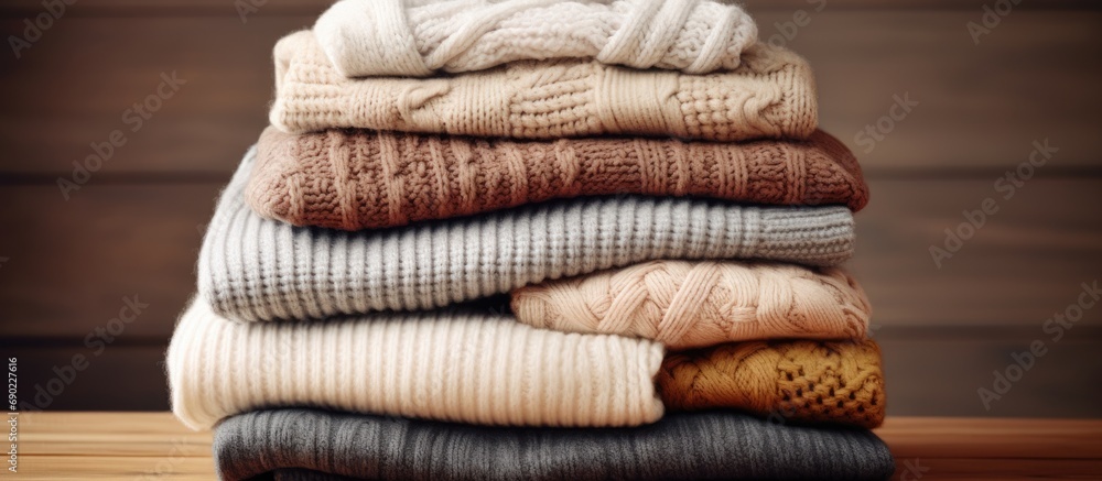 Aufkleber neat and tidy pile of warm sweaters on gray sofa knitwear care knitted jumpers for cold fall and win