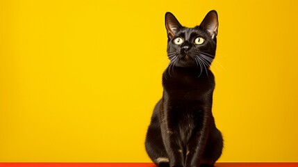 A comically elegant cat striking a pose, surrounded by whimsical isolation on a vibrant yellow background, its hilarious charm captured with vivid detail by an HD camera.