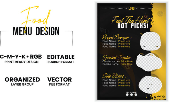Professional food menu design in black & yellow 