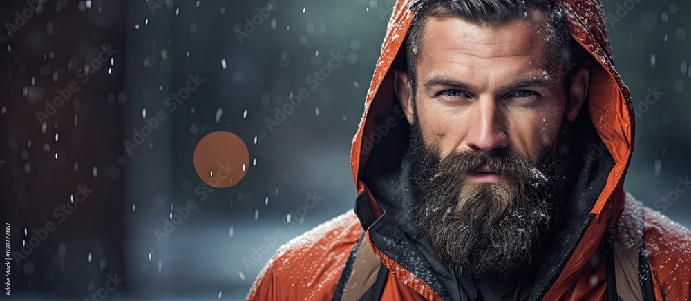Poster handsome middle age man with a beard running and exercising outside on extremely cold and snowy day 