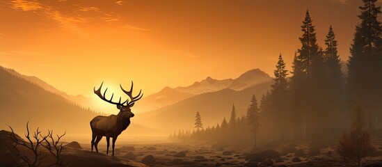 Magical Misty Morning Sunrise Evening Sunset Rocky Mountain Elk Bull. Website header. Creative Banner. Copyspace image