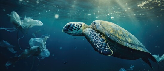 Obraz premium Plastic pollution problem Sea Turtle eating plastic bag polluting ocean. Website header. Creative Banner. Copyspace image