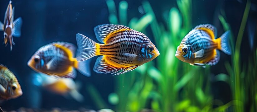 Flock of Denison barb fishes Puntius denisonii in freshwater aquarium. Website header. Creative Banner. Copyspace image