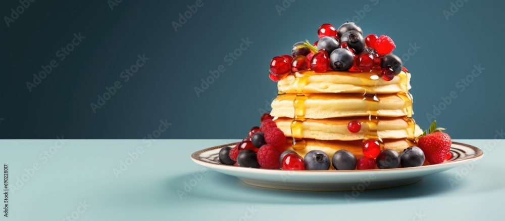 Poster pile of pancakes with red currants blueberries and honey on a grey plate with fork. website header. 