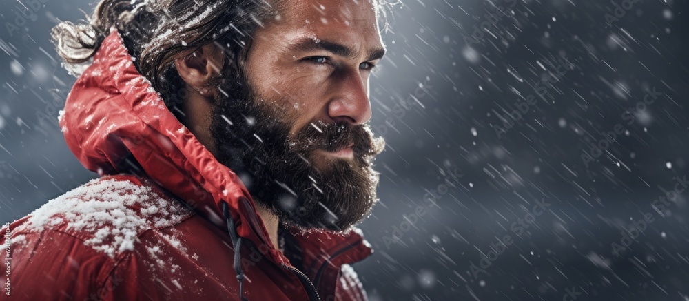 Poster handsome middle age man with a beard running and exercising outside on extremely cold and snowy day 
