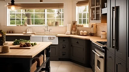 Fotobehang Dark kitchen decor, cottage interior design and house improvement, English in frame kitchen cabinets in a country house style © Anneleven