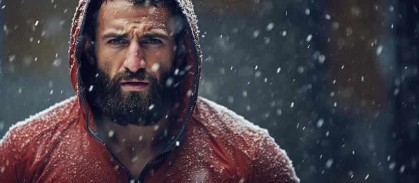 Handsome middle age man with a beard running and exercising outside on extremely cold and snowy day Sport and fitness motivation theme. Website header. Creative Banner. Copyspace image