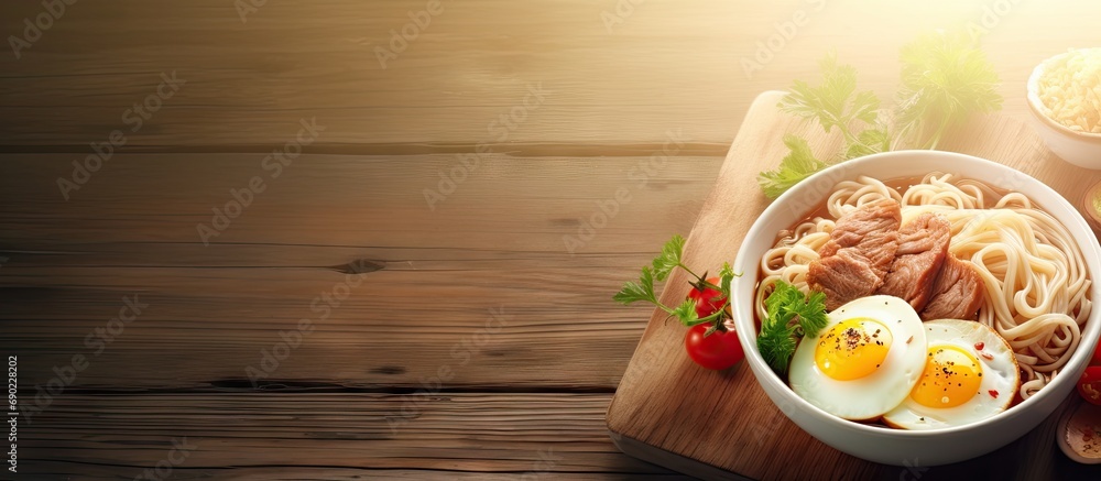 Poster instant noodle soup with minced pork and boiled egg in white bowl on wood table. website header. cre
