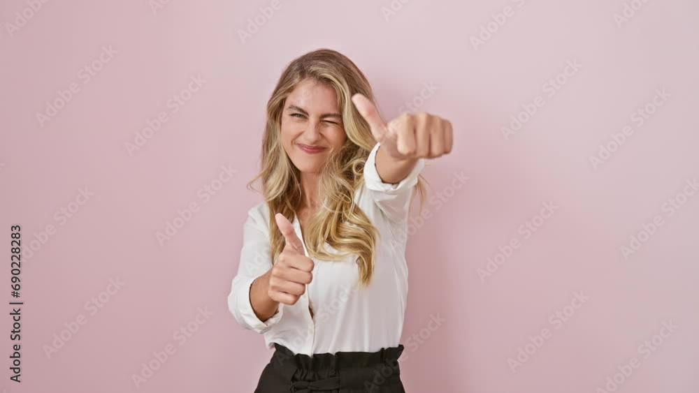 Sticker joyful young blonde woman in shirt standing over pink background, offering thumbs up gesture with ha