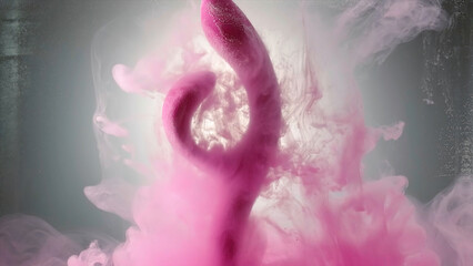 Close up of vibrating pink sex toy underwater with pink spreading paint. Creative. Concept of self love and pleasure. - obrazy, fototapety, plakaty
