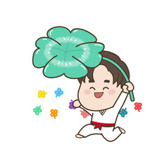 네잎클로버를 들고있는 태권도 소년 캐릭터