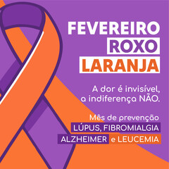 Banner in portuguese for composition February prevention brazil - Campanha Fevereiro Roxo e Laranja Leucemia Cancer - obrazy, fototapety, plakaty