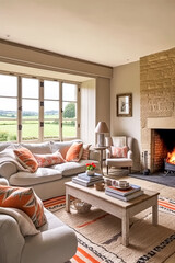 Fototapeta premium Modern cottage sitting room with fireplace, living room interior design and country house home decor, sofa and lounge furniture, English countryside style