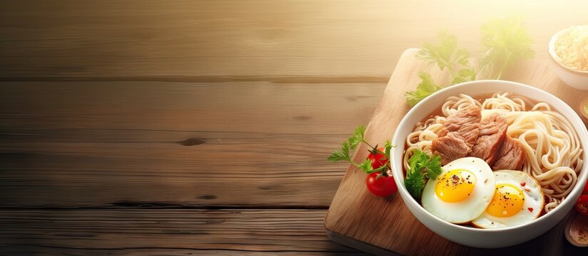 Instant noodle soup with minced pork and boiled egg in white bowl on wood table. Website header. Creative Banner. Copyspace image