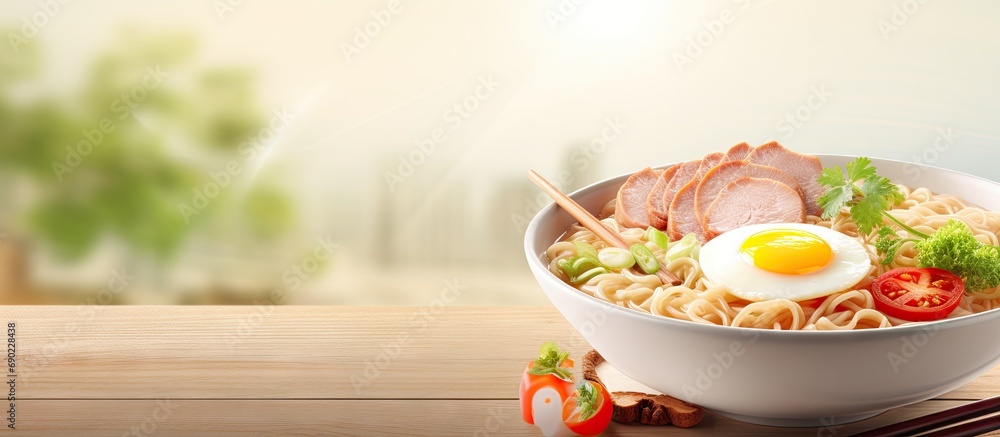 Poster Instant noodle soup with minced pork and boiled egg in white bowl on wood table. Website header. Creative Banner. Copyspace image