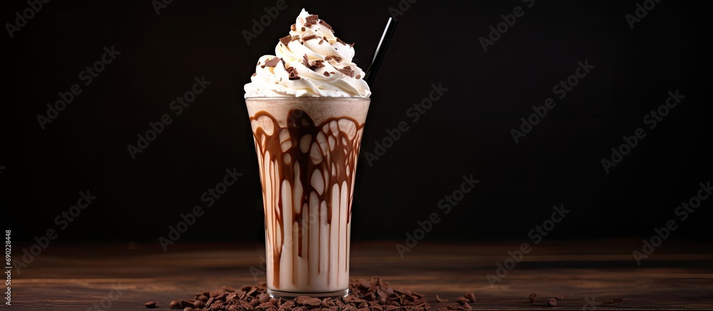 Poster iced chocolate coffee frappe topped with whipped cream and chocolate shavings. website header. creat