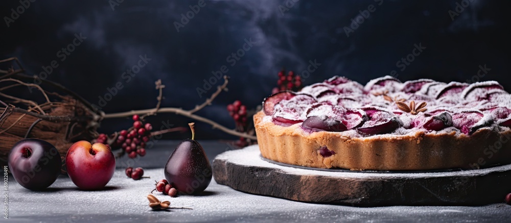 Aufkleber plum pie on wooden board in rustic style aesthetic composition with closed pie with dried plums on c