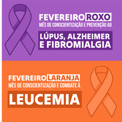 Banner in portuguese for composition February prevention brazil - Campanha Fevereiro Roxo e Laranja Leucemia Cancer