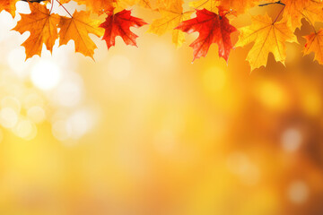 Autumn with a holiday banner featuring a vibrant fall landscape and closeup of colorful maple leaves. Ideal for conveying the beauty of autumn festivities and nature's transition. Space for text.
