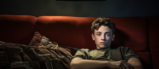 Nothing interesting to watch sad and pensive teenage boy holding remote control and looking bored while watching TV show. Website header. Creative Banner. Copyspace image - obrazy, fototapety, plakaty