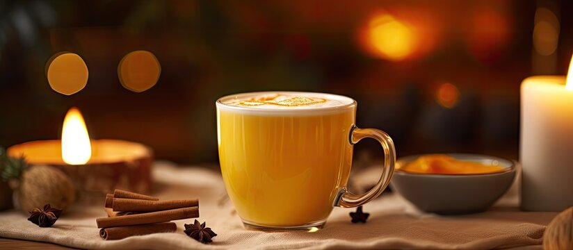Golden latte milk made with turmeric and spices before cozy fireplace Healthy beverage. Website header. Creative Banner. Copyspace image