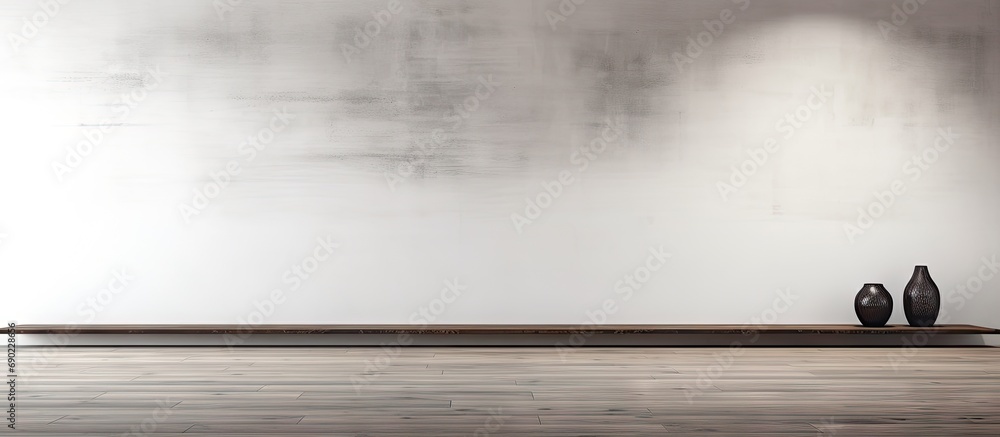 Poster gray and white apartment with wooden floor and art. website header. creative banner. copyspace image