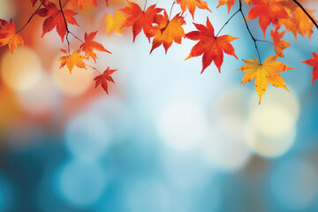 Naklejka na ściany i meble Autumn with a holiday banner featuring a vibrant fall landscape and closeup of colorful maple leaves. Ideal for conveying the beauty of autumn festivities and nature's transition. Space for text.