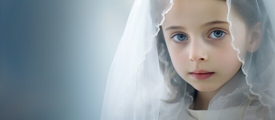 Girl with dressed up for her First Communion with a veil soft focus. Website header. Creative Banner. Copyspace image - obrazy, fototapety, plakaty