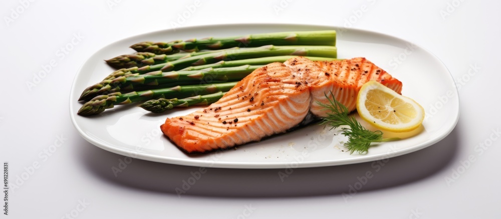 Poster grilled salmon with asparagus on white plate soft focus. Website header. Creative Banner. Copyspace image