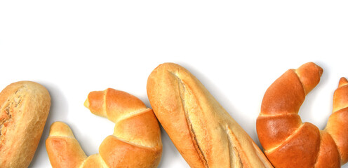 Fresh crispy baked bread banner panorama view.