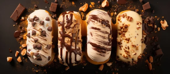 Foto op Plexiglas Ice cream sandwiches with nuts and caramel and chocolate chip cookies overhead shot. Website header. Creative Banner. Copyspace image © HN Works