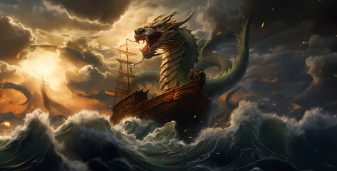 stormy weather a dragon in front of a boat, dragon in the water - obrazy, fototapety, plakaty