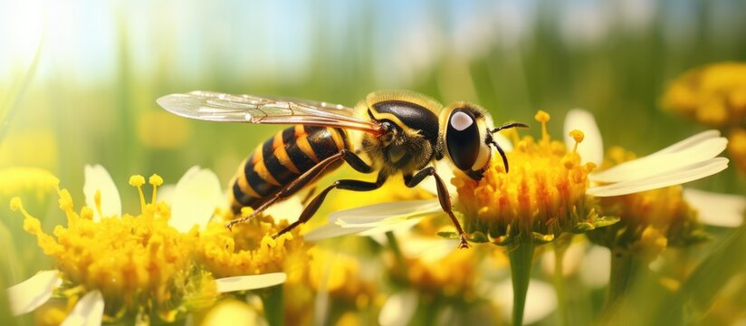 Fascinating world of Long hoverfly Sphaerophoria scripta Insect seen in the meadow during summer season. Website header. Creative Banner. Copyspace image
