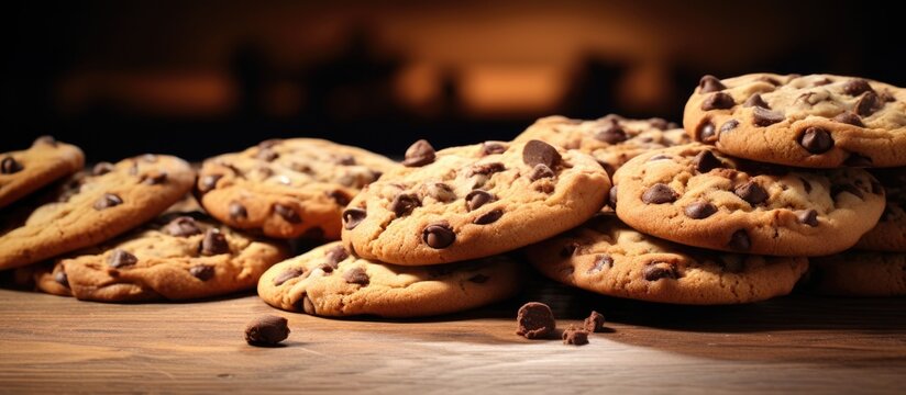 Extreme close up image of chocolate chips cookies. Website header. Creative Banner. Copyspace image