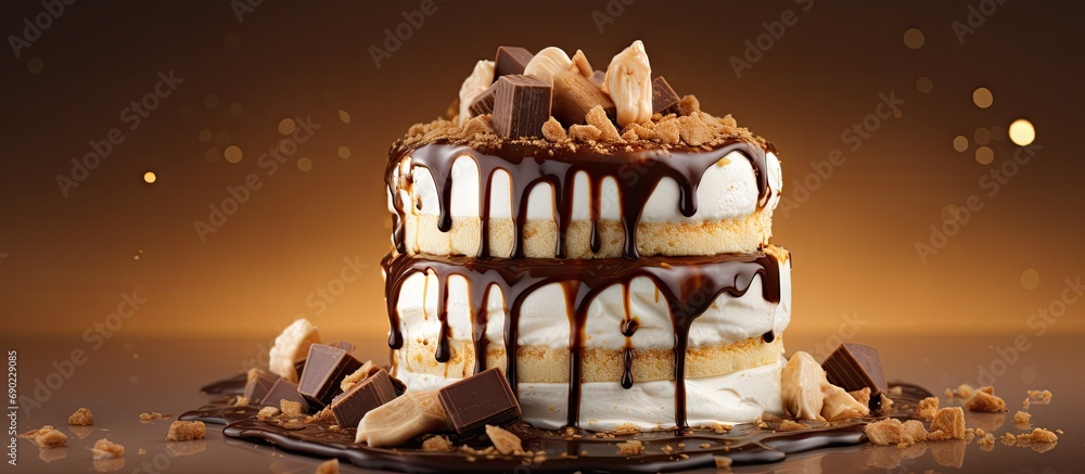 Poster ice cream cake with marshmallows and peanuts topped with chocolate syrup. website header. creative b