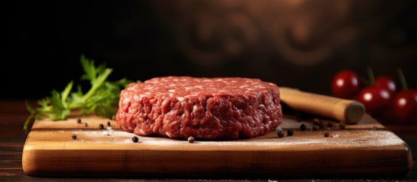 Organic raw ground beef round patties for making homemade burger on wooden cutting board. Website header. Creative Banner. Copyspace image