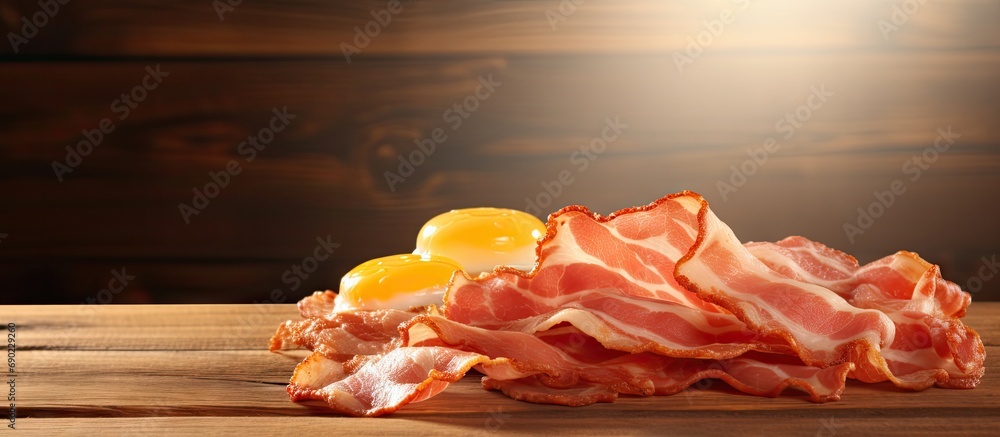 Poster Fried eggs with bacon on the wooden table. Website header. Creative Banner. Copyspace image