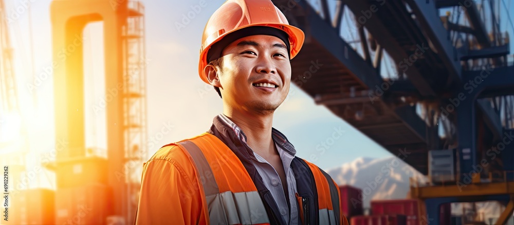 Poster happy asian dock control working with smile around shipping container stacker in commercial transpor