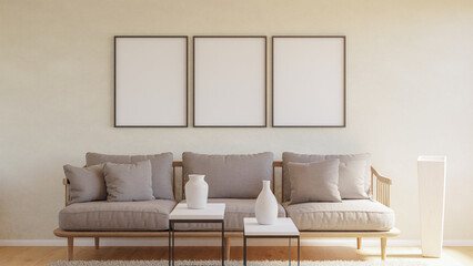 Scandinavian style living room, set of 3, black frame mockup, realistic design