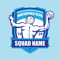 Waterpolo Logo Design with a Swimming Person Throwing a Ball and a Blue Shield Background