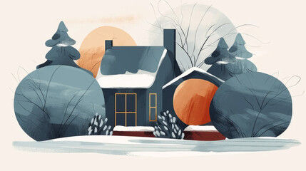 Winter house. Christmas holidays illustrations in a minimalist style. Christmas time. Bright colors.