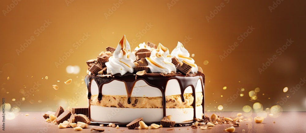 Poster ice cream cake with marshmallows and peanuts topped with chocolate syrup. website header. creative b