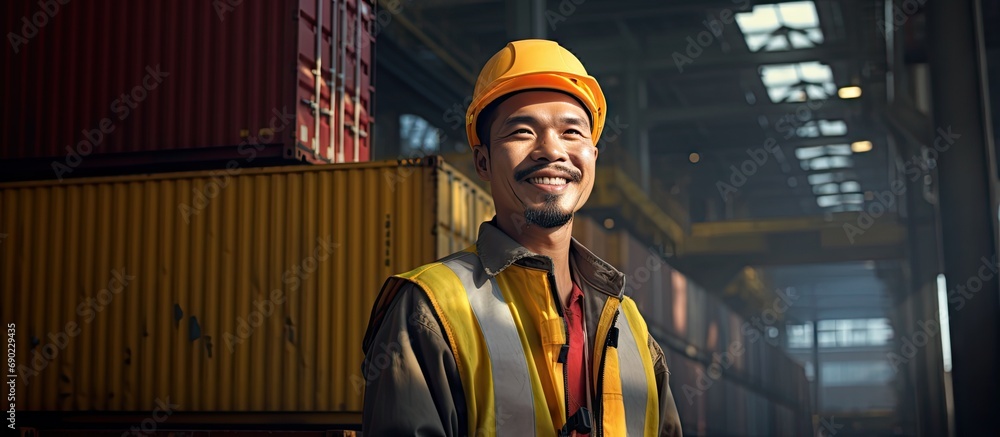 Poster happy asian dock control working with smile around shipping container stacker in commercial transpor