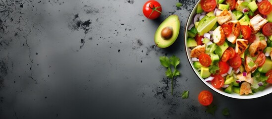 Poke bowl with lettuce tomatoes cucumbers chicken fillet corn and grated parmesan on gray stone surface. Website header. Creative Banner. Copyspace image - Powered by Adobe