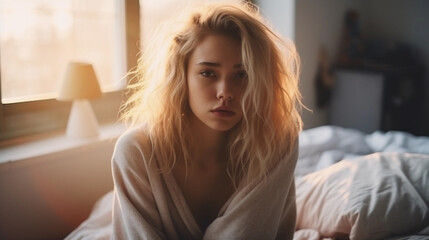 Portrait of young blonde girl sitting on bed with messy hair, woke up in the morning, sun shine coming from window