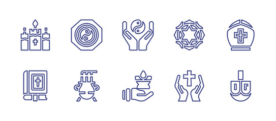 Spirituality line icon set. Editable stroke. Vector illustration. Containing candle, bible, yin yang, pope, dreidel, incense, anahata, pray. - obrazy, fototapety, plakaty